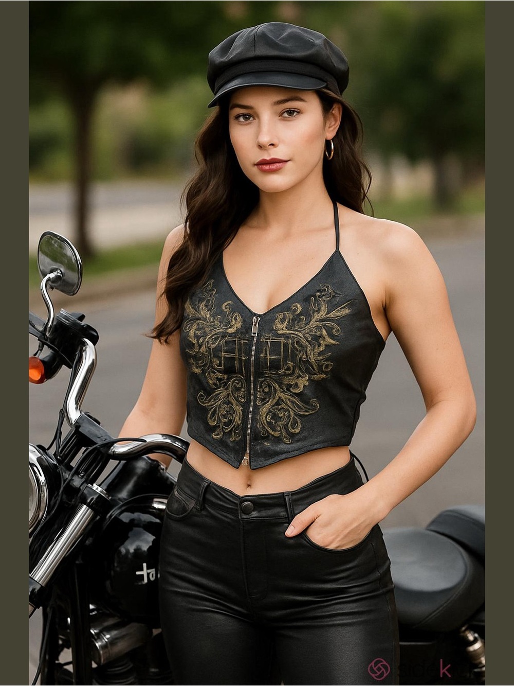 Vintage Harley-Davidson Black  Embroidered Leather Halter Top size M